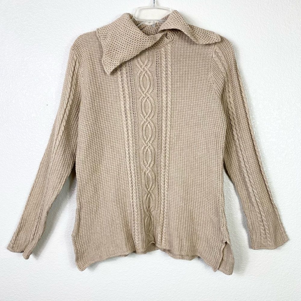 Jeanne Pierre Tan Cable Knit Collared Sweater